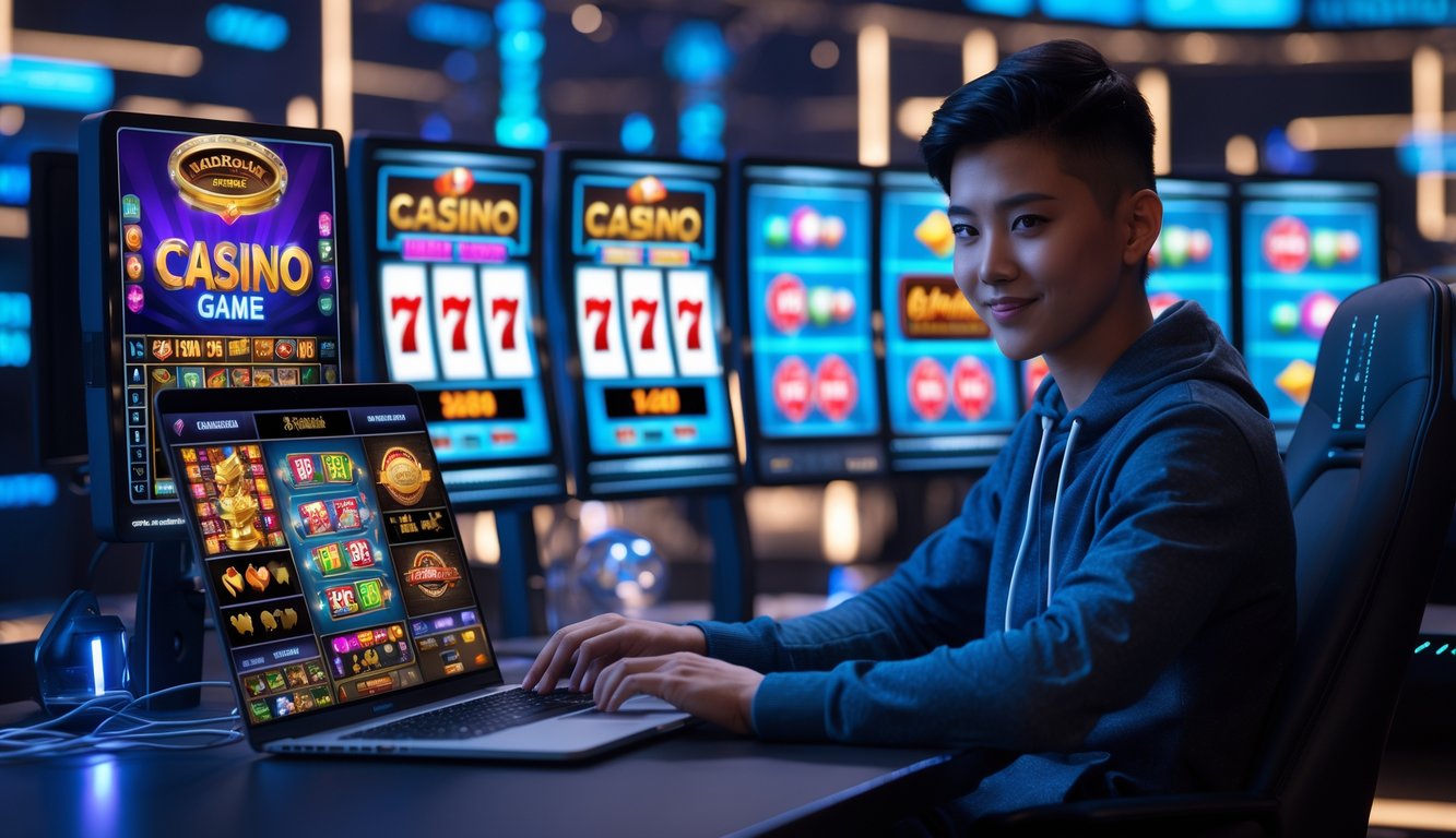 Seorang dewasa muda sedang bermain permainan judi online dengan laptop dan ponsel di meja komputer yang modern.