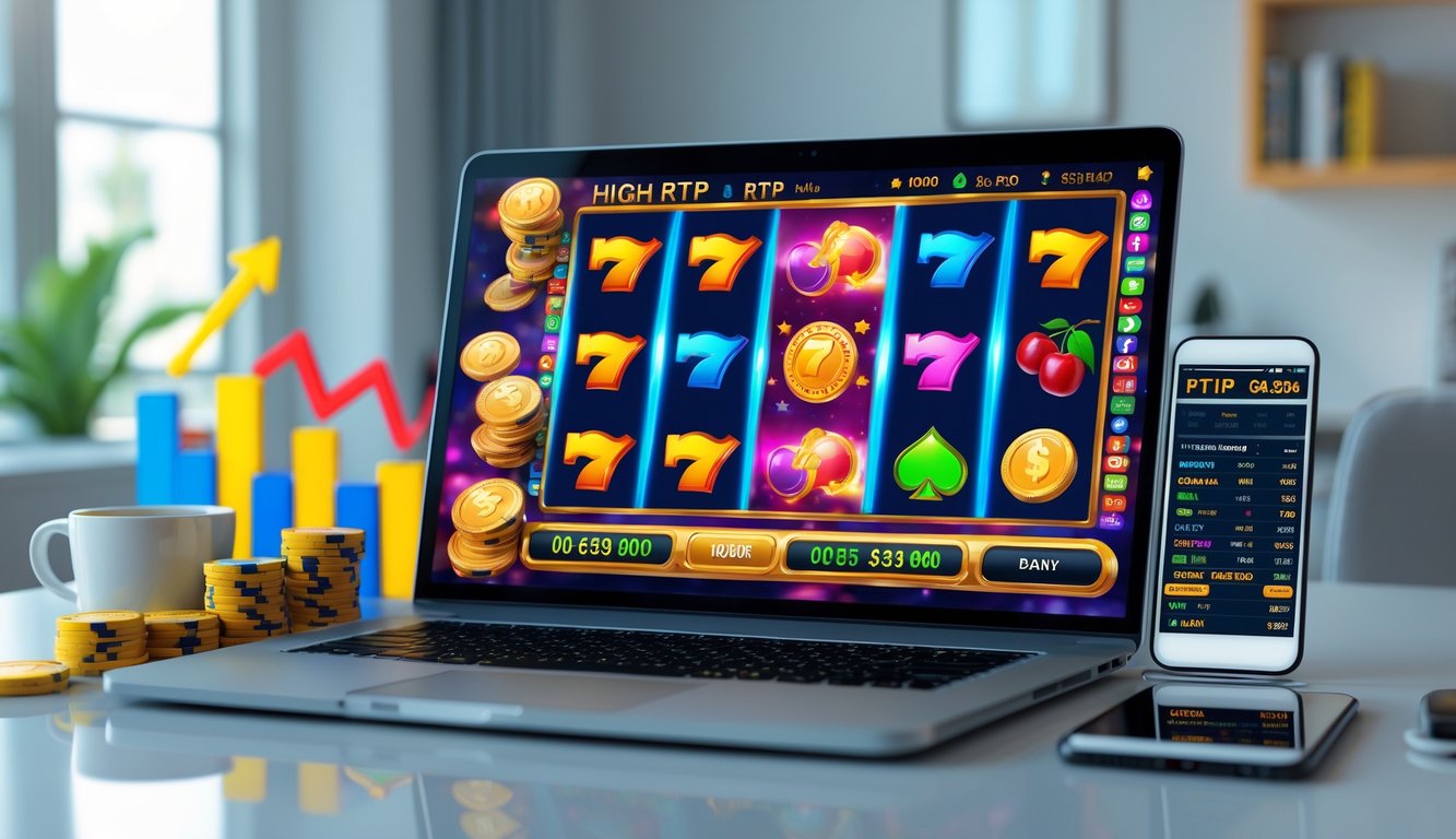 Seorang pria menggunakan laptop dengan tampilan permainan slot online berwarna cerah di layar, dikelilingi oleh tumpukan chip poker dan grafik statistik di ponsel, di ruang kerja modern yang terang.