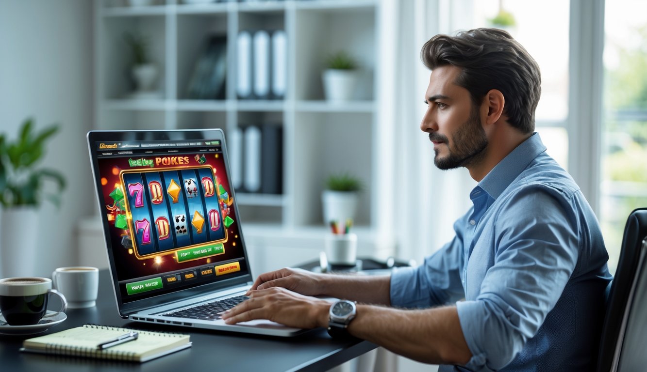 Seorang pria duduk di meja kerja dengan laptop, fokus pada layar yang menampilkan permainan judi online, di ruang kerja yang rapi dan terang.