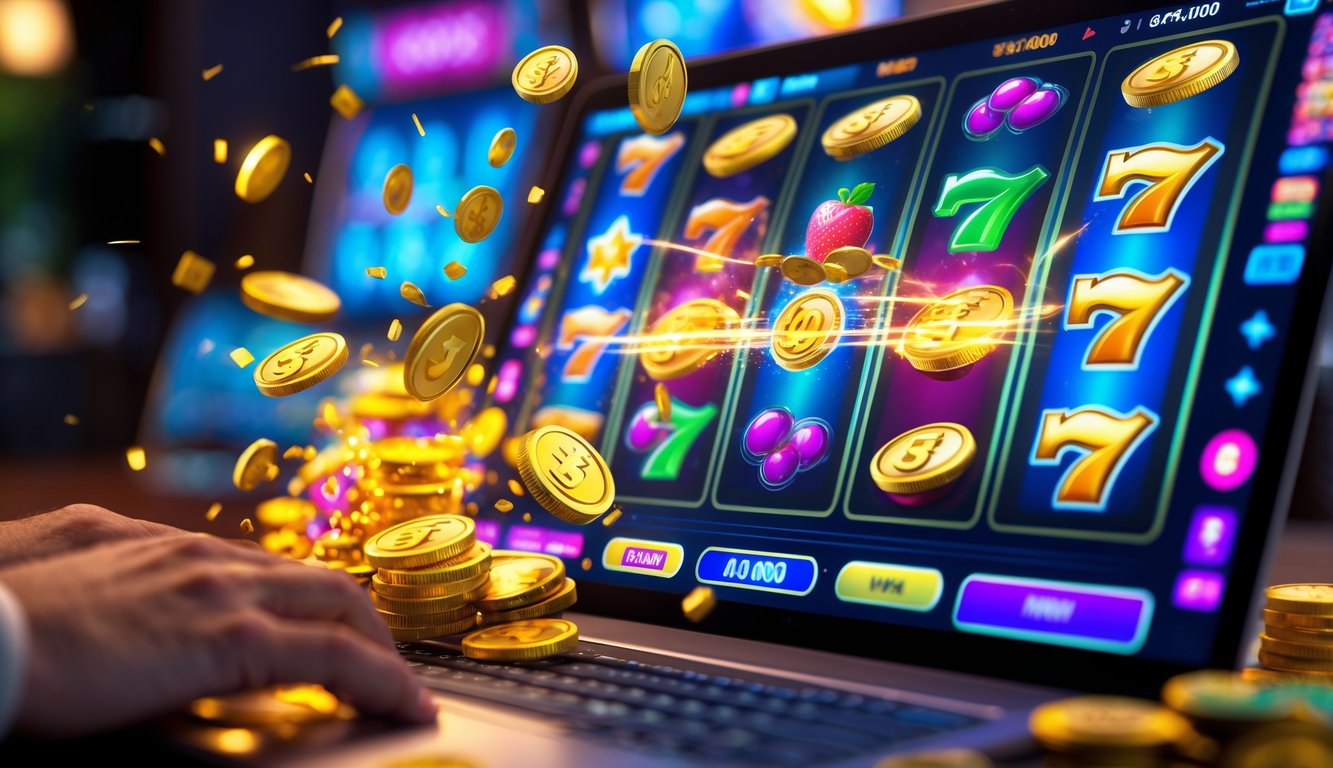 Layar komputer menampilkan mesin slot online dengan koin emas dan uang kertas yang berjatuhan, menggambarkan kemenangan jackpot besar.