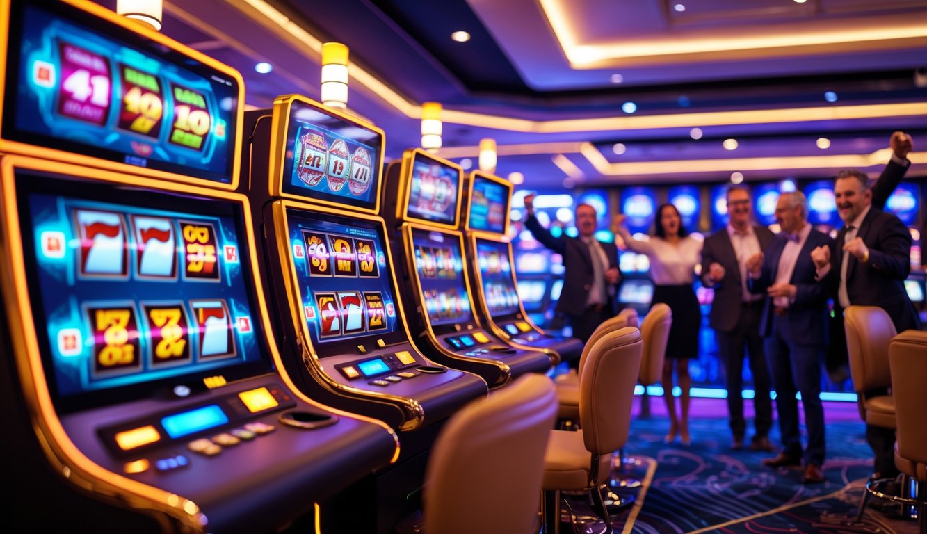 Suasana kasino modern dengan mesin slot yang menyala dan orang-orang yang sedang bermain dan terlihat antusias.