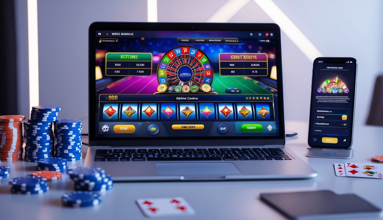 Meja kerja modern dengan laptop yang menampilkan permainan judi online, kartu remi, dan chip poker.