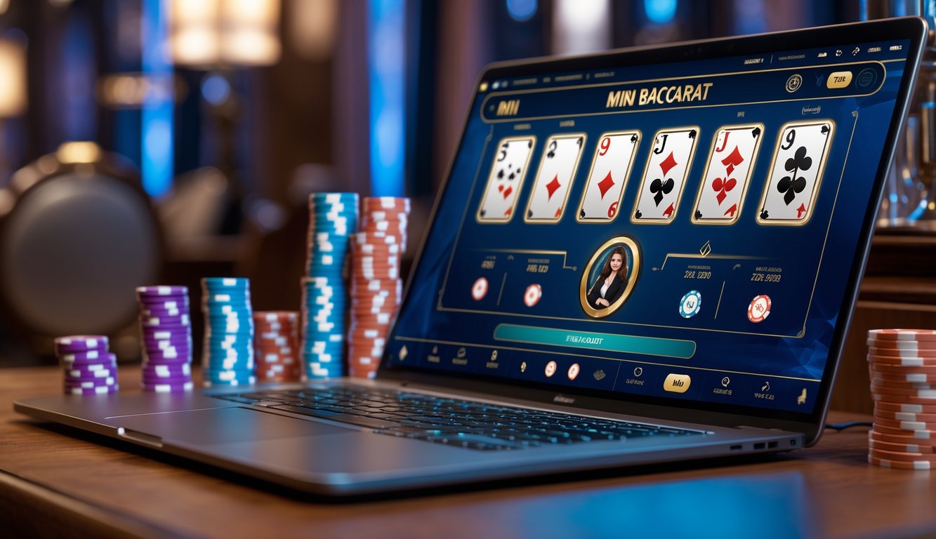 Sebuah laptop menampilkan permainan Mini Baccarat online dengan kartu dan chip di meja permainan.