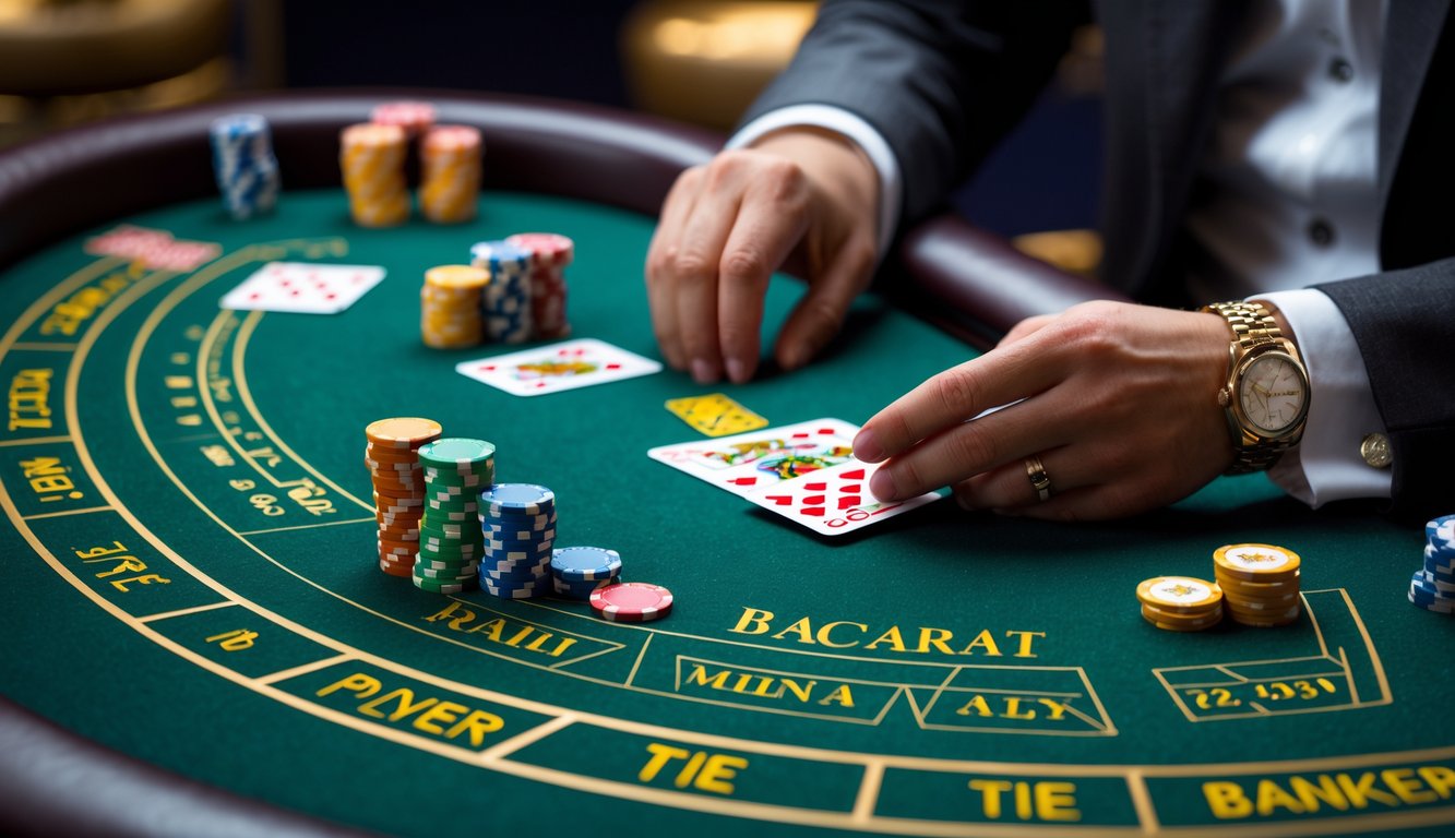 Meja Mini Baccarat dengan taruhan rendah, chip warna-warni, dan tangan dealer yang sedang membagikan kartu di kasino.