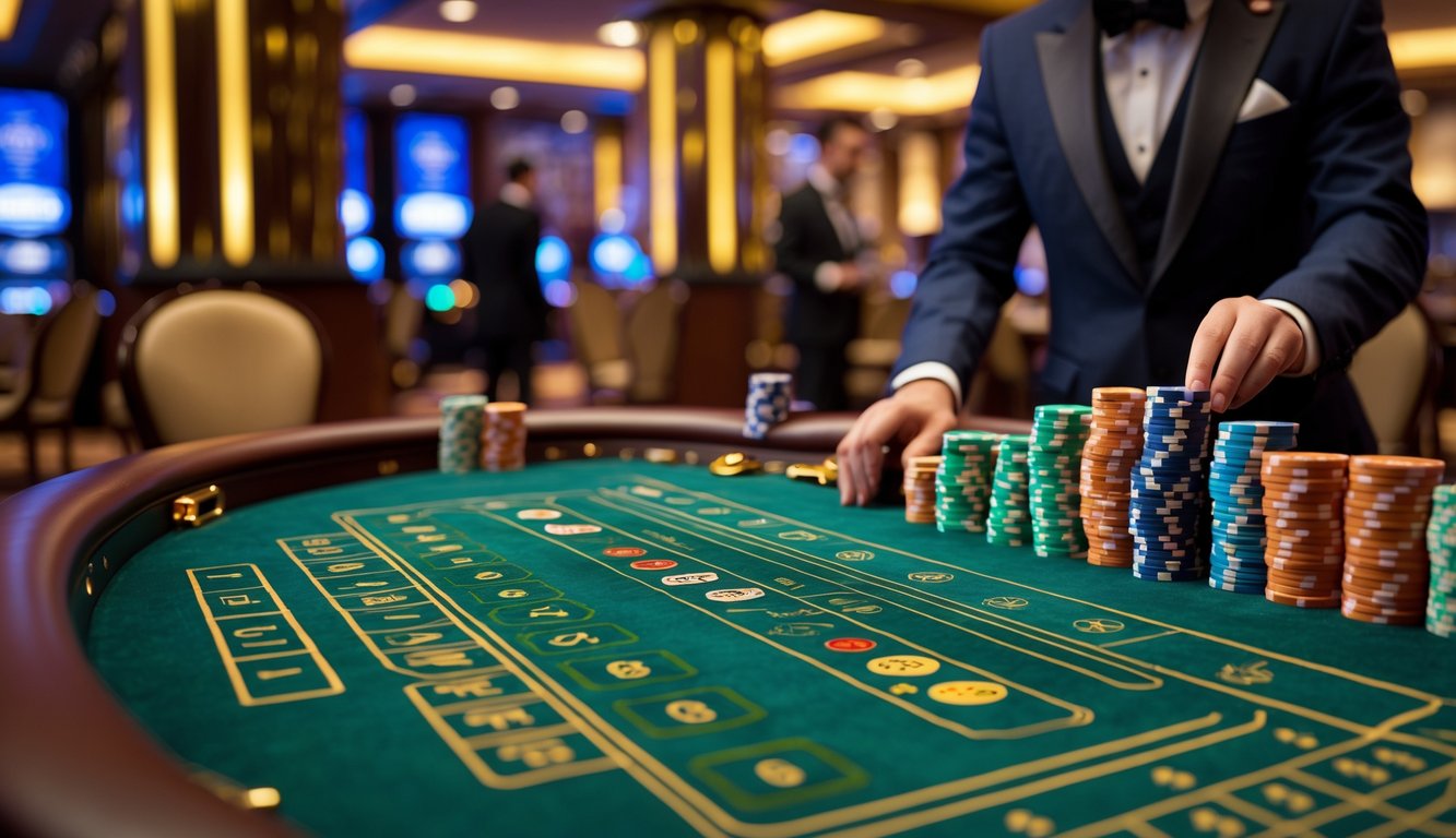 Meja Mini Baccarat di kasino dengan dealer dan chip taruhan di atas meja hijau.