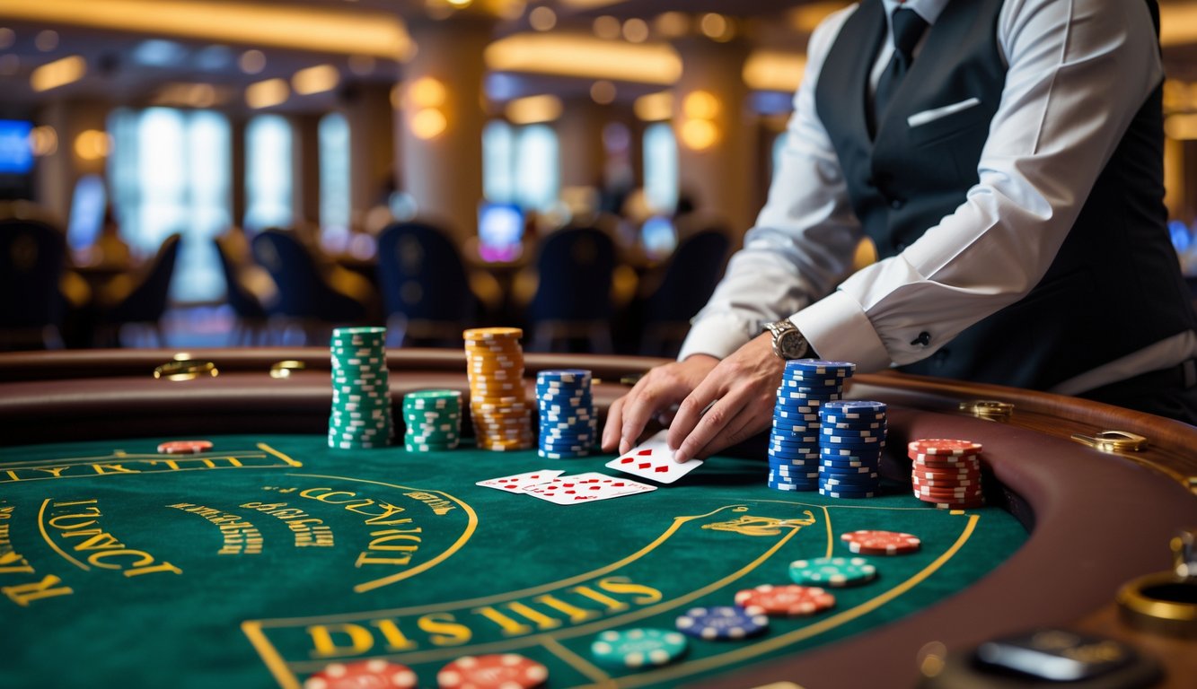 Meja kasino dengan permainan Mini Baccarat, dealer membagikan kartu, dan tumpukan chip berjajar rapi.