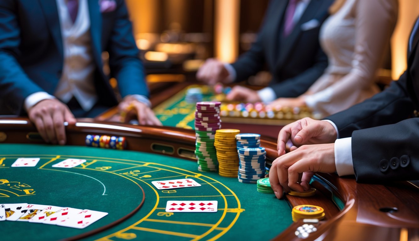 Meja Mini Baccarat dengan kartu dan chip taruhan di kasino mewah.