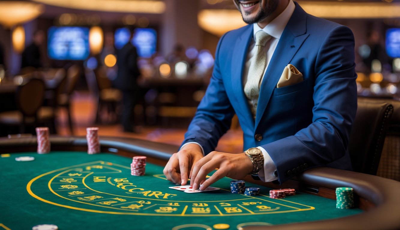 Seorang dealer profesional sedang membagikan kartu di meja Mini Baccarat di dalam kasino.