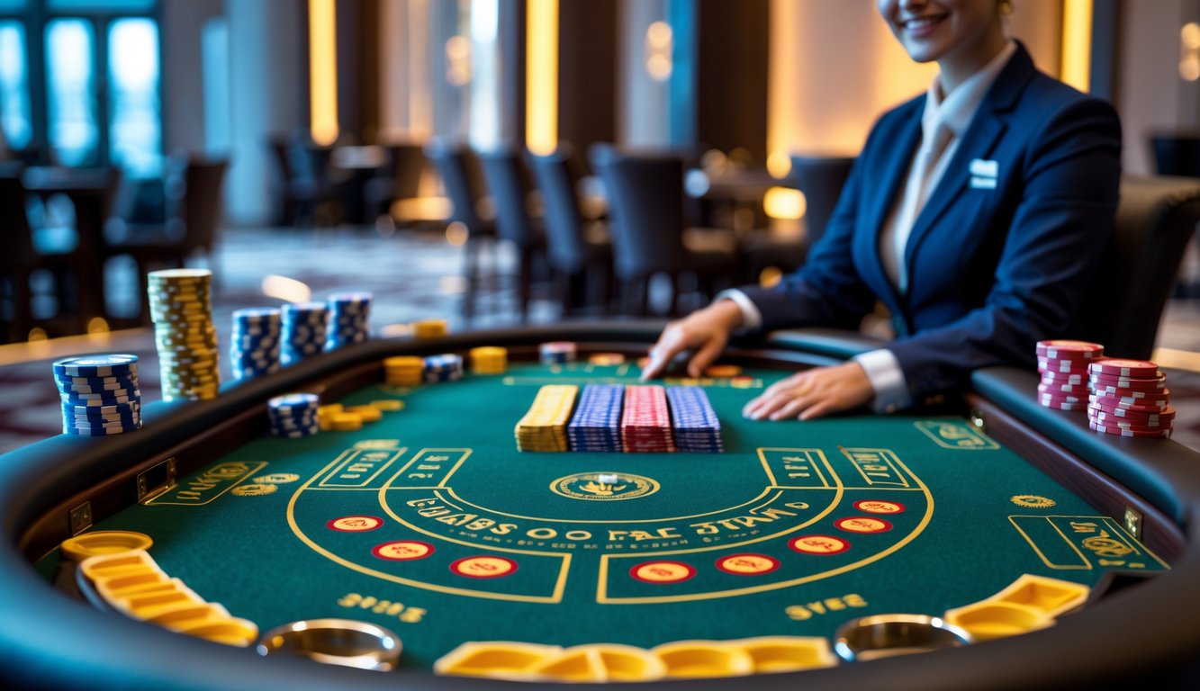 Meja mini baccarat dengan kartu dan chip, dealer tersenyum di latar belakang di dalam kasino.