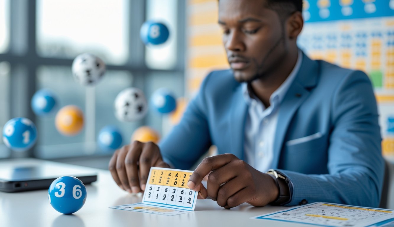 Seseorang sedang memilih angka pada tiket lotere di meja kerja yang rapi dan terang.