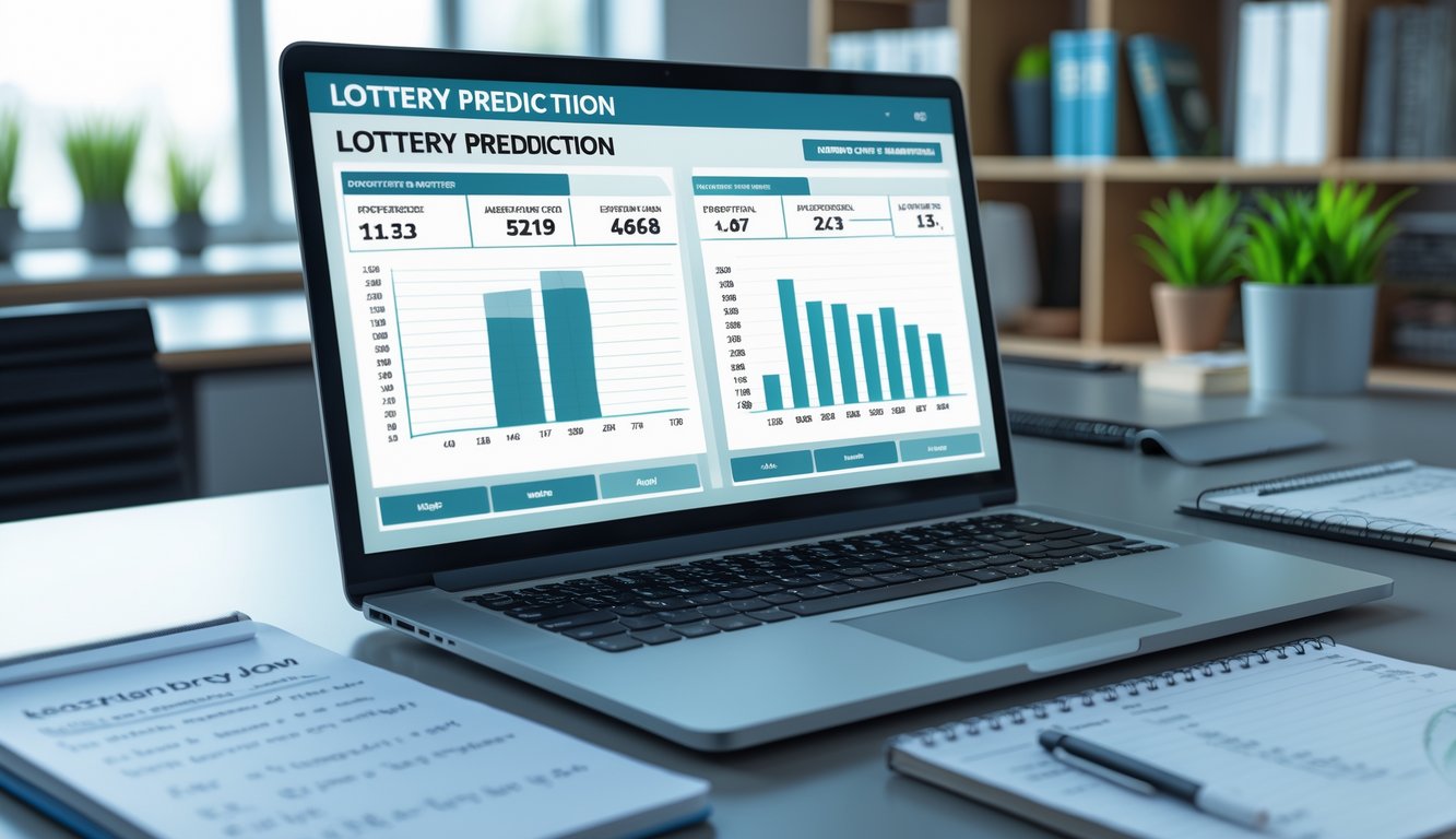 Meja kerja modern dengan laptop menampilkan data angka dan grafik, notepad dengan catatan tangan, dan suasana kantor yang rapi.