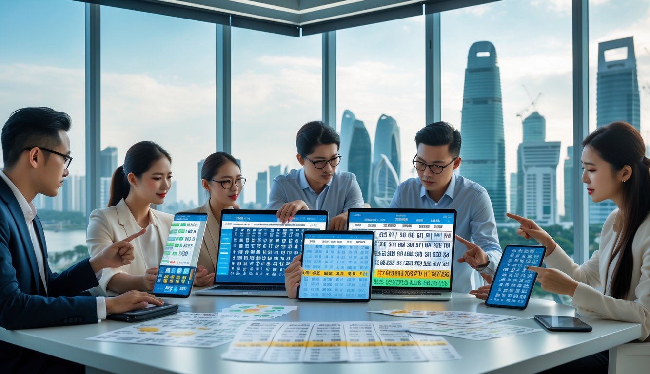 Beberapa orang sedang menganalisis hasil togel 2D Singapura di sebuah kantor modern dengan layar digital dan pemandangan kota Singapura di latar belakang.