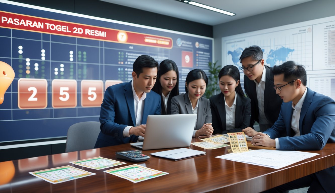 Orang-orang sedang berdiskusi di meja dengan tiket lotere, laptop, dan alat tulis di ruangan yang terang dan rapi.