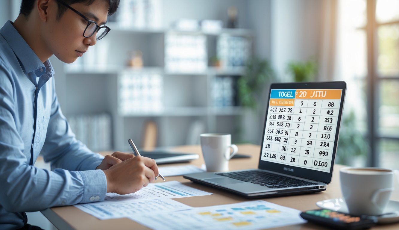 Seseorang sedang fokus menganalisis angka dan data di meja kerja dengan alat tulis dan laptop.