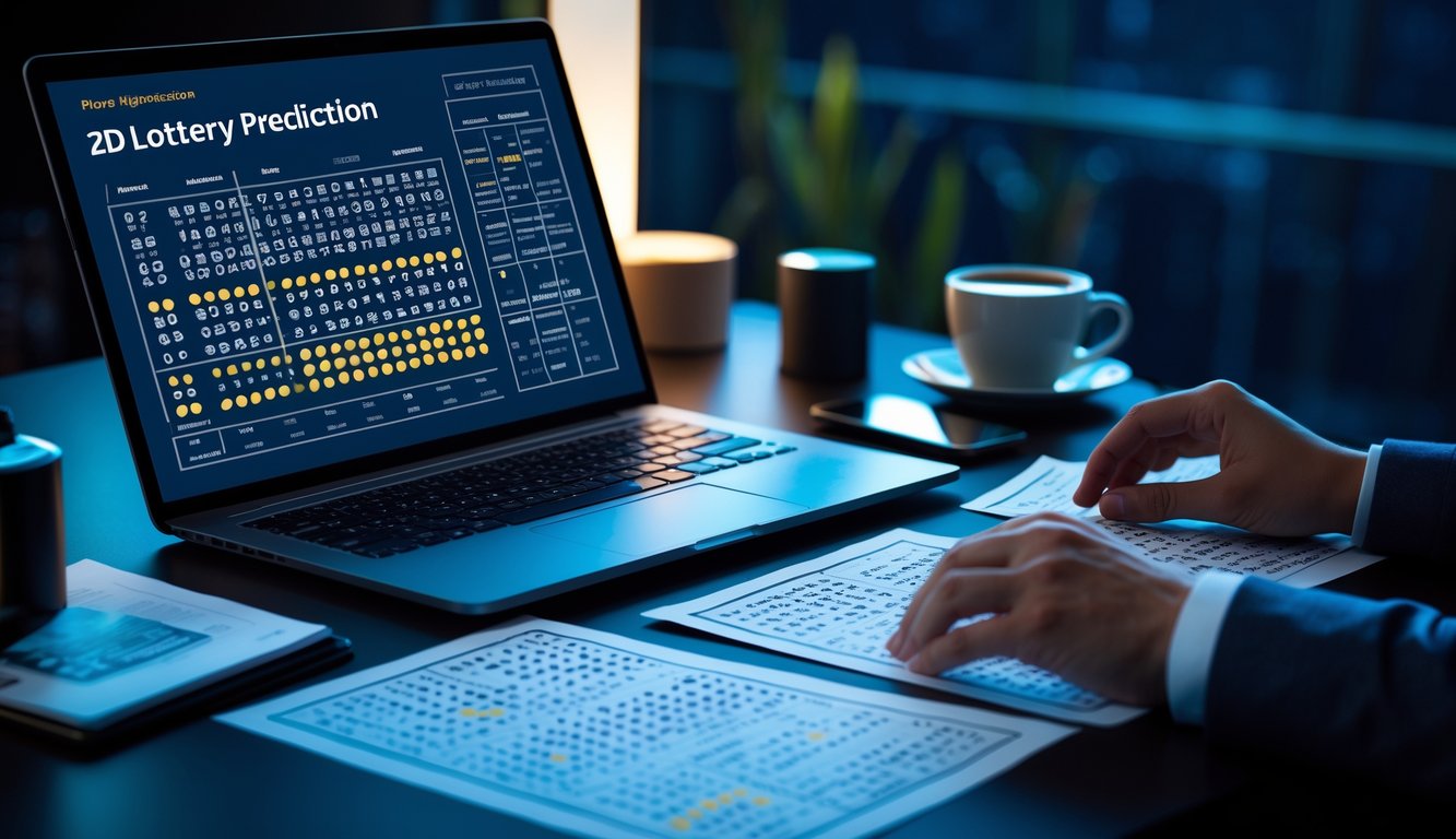 Meja kerja malam dengan laptop, tangan yang memeriksa angka-angka dan secangkir kopi.