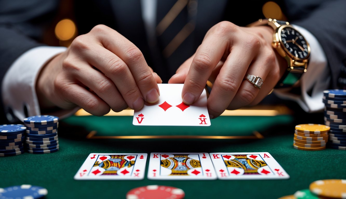 Tangan sedang membuka kartu dalam permainan Baccarat di meja kasino.