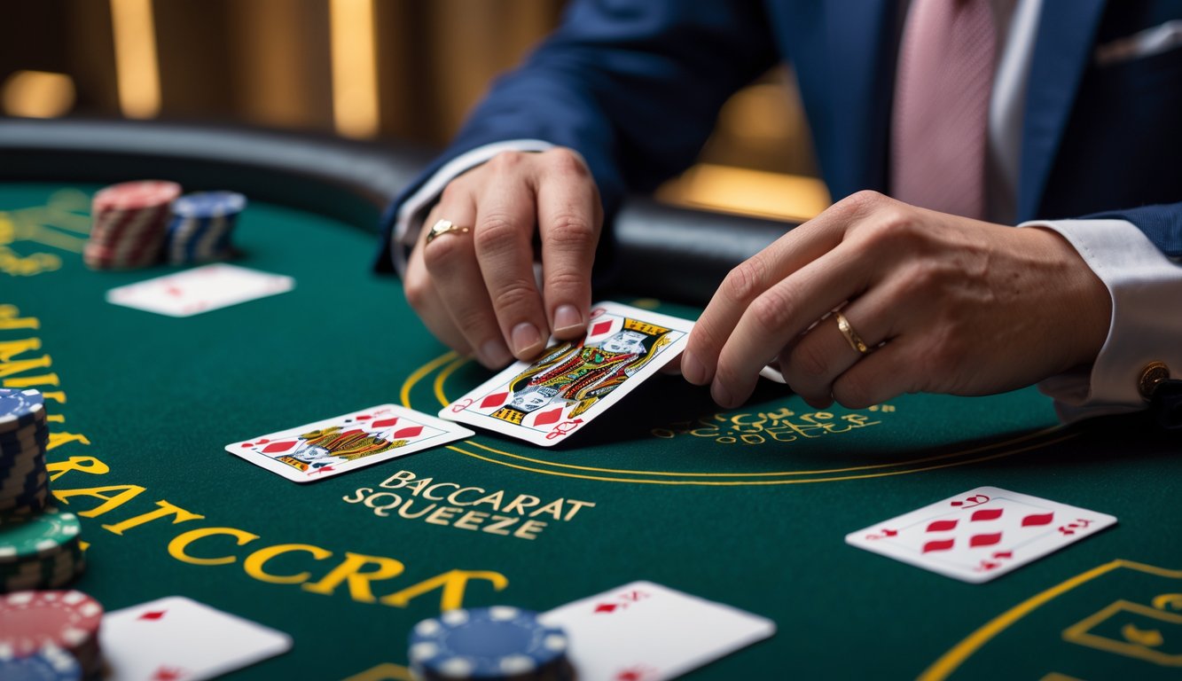 Tangan pemain sedang membuka kartu secara perlahan di meja permainan Baccarat Squeeze di kasino.