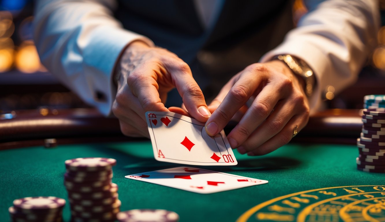 Tangan pemain sedang membuka perlahan sudut kartu baccarat di meja kasino dengan tumpukan chip dan suasana kasino yang mewah.