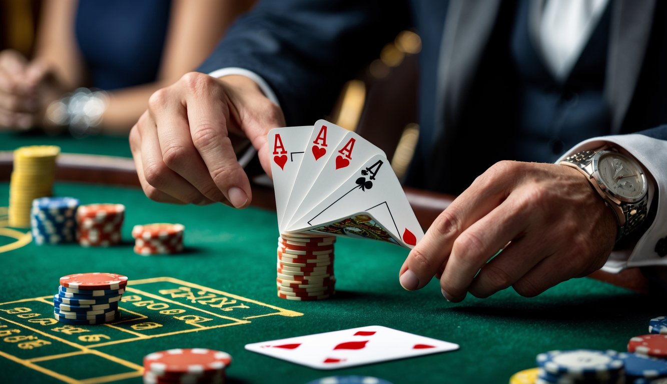 Tangan pemain sedang membuka kartu baccarat di meja kasino dengan chip dan kartu di atas meja.