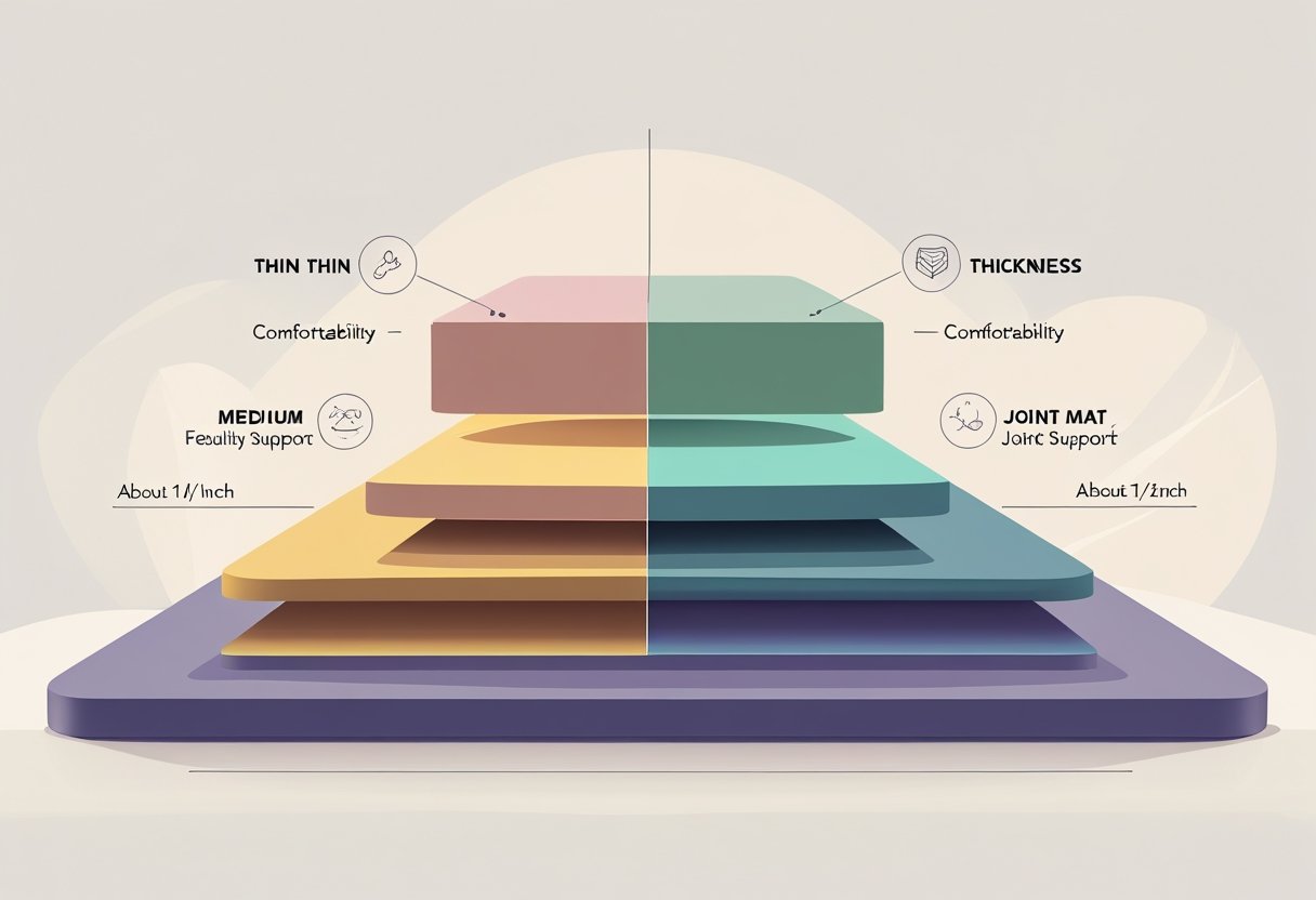 Side view illustration of a yoga mat showing three different thickness levels with visual indicators representing comfort, portability, and joint support.