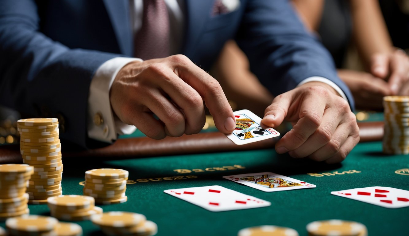 Seorang pemain sedang membuka sudut kartu di meja Baccarat dengan chip tertata di sekitarnya dan pemain lain mengamati.