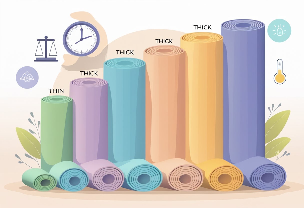 Various yoga mats of different thicknesses arranged side by side with icons representing factors like body weight, joint support, practice duration, and temperature around them.
