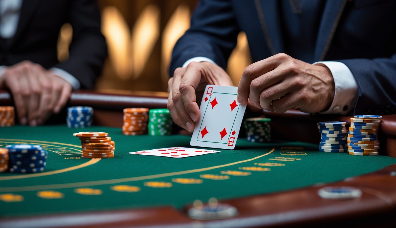 Seorang pemain berjubah rapi sedang membuka sudut kartu di meja baccarat dengan suasana kasino mewah di latar belakang.