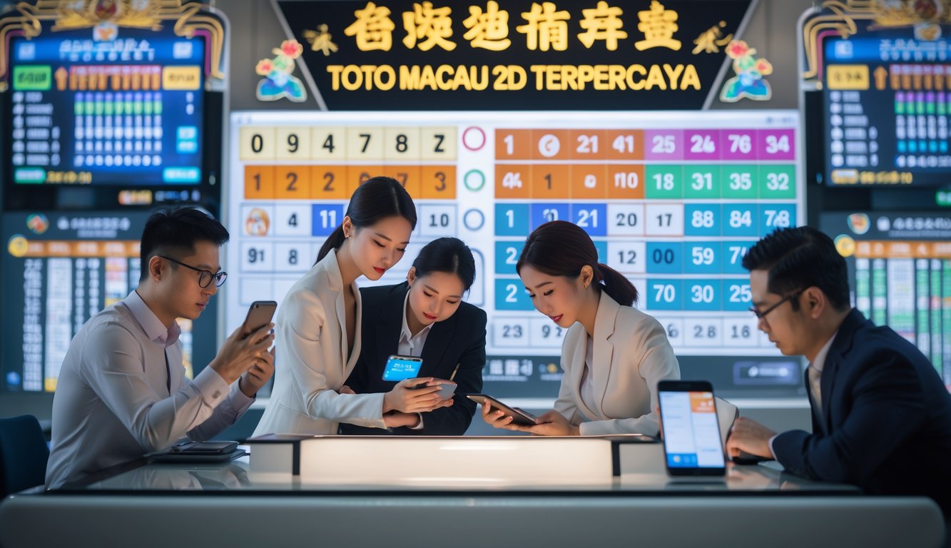 Orang-orang sedang memeriksa hasil lotere di lingkungan modern dengan layar digital dan elemen budaya Macau di latar belakang.