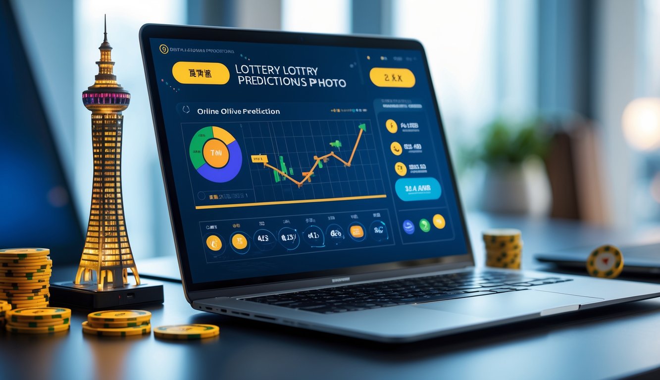 Meja kerja modern dengan laptop yang menampilkan grafik dan angka prediksi togel, dilengkapi dengan miniatur Menara Macau dan chip judi di sekitarnya.