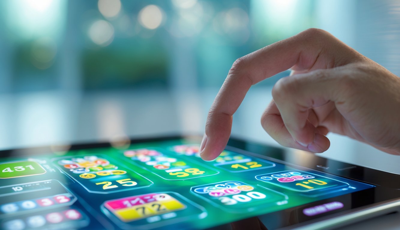 Seseorang menggunakan layar sentuh transparan dengan angka dan grafik warna-warni di latar belakang teknologi modern.