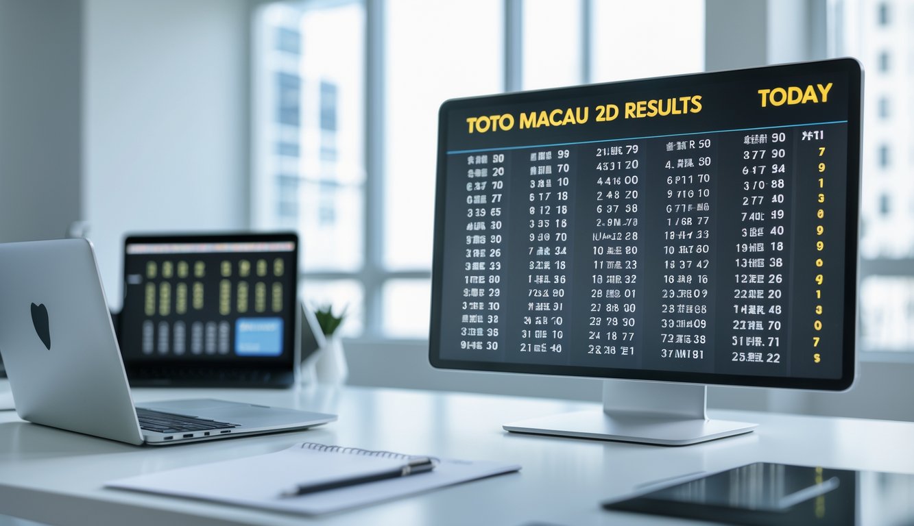 Layar digital menampilkan hasil undian Toto Macau 2D hari ini di sebuah meja kerja dengan alat tulis dan laptop.