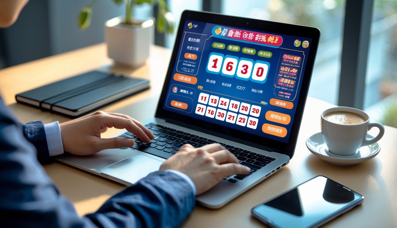 Seseorang menggunakan laptop di meja kerja dengan antarmuka permainan togel Toto Macau 2D online terlihat di layar.