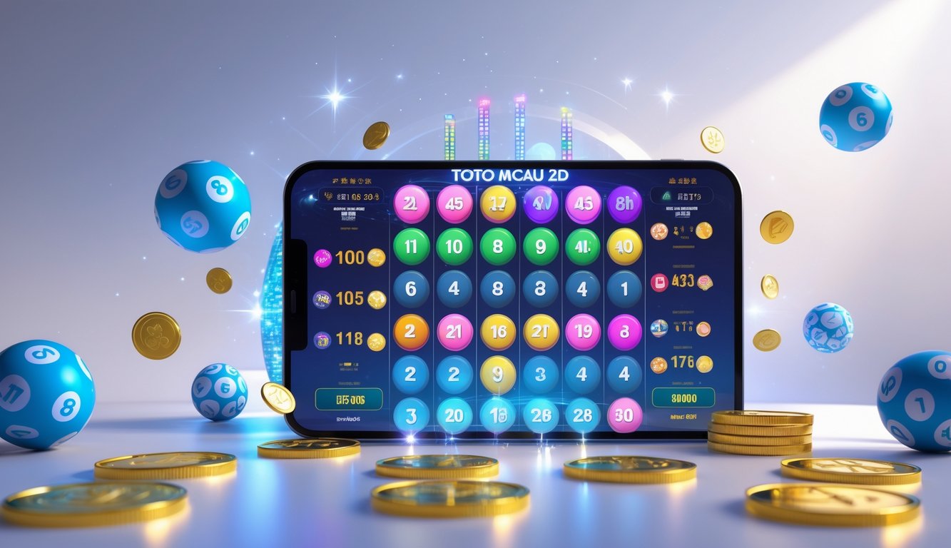 Sebuah pemandangan perangkat digital menampilkan angka lotere dan elemen keberuntungan seperti koin emas dan bola lotere.