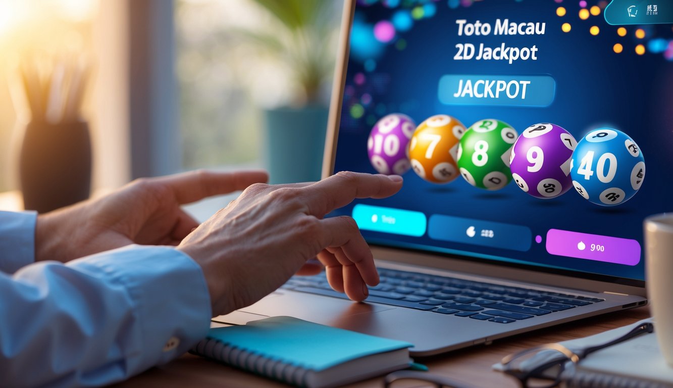 Seseorang menggunakan perangkat digital untuk bermain lotere online dengan bola bernomor dan suasana ruangan yang nyaman.