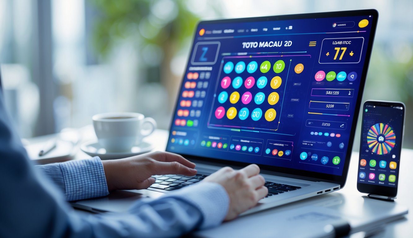 Sebuah meja kerja dengan komputer menampilkan antarmuka digital angka lotere dan grafik, dikelilingi oleh cangkir kopi, buku catatan, dan ponsel.
