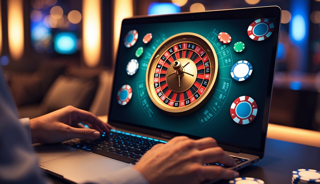 Seorang pengguna bermain roulette online di komputer dengan roda roulette digital yang berputar di layar.