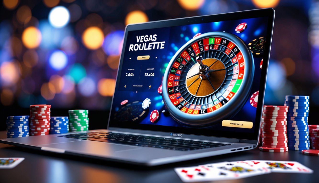 Layar komputer menampilkan permainan roulette Vegas online dengan roda roulette digital yang berputar dan chip poker di sekitarnya.