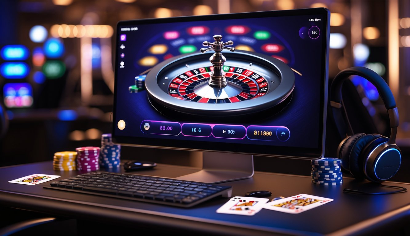 Sebuah setup permainan roulette online dengan roda roulette digital di layar komputer dan elemen kasino seperti chip dan kartu di sekitarnya.