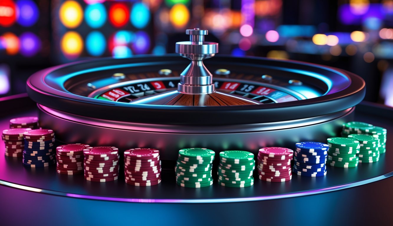 Sebuah roda roulette digital berwarna merah, hitam, dan hijau yang berputar di antarmuka kasino online dengan tumpukan chip warna-warni di sekitarnya.