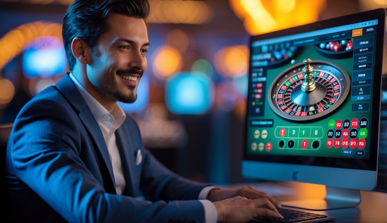 Seorang pria duduk di depan komputer dengan permainan roulette online yang sedang berjalan di layar, menunjukkan suasana kemenangan dan fokus.