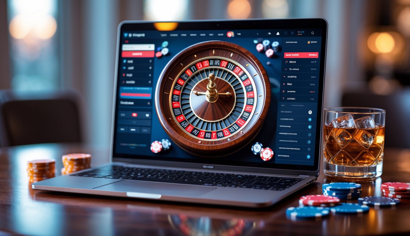 Layar laptop menampilkan permainan roulette Vegas online dengan roda roulette digital berwarna merah dan hitam yang berputar, dikelilingi oleh chip poker dan kartu remi di atas meja kayu.