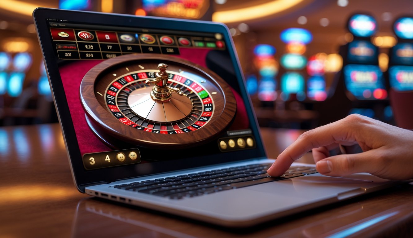 Layar laptop menampilkan permainan roulette online dengan roda roulette berwarna merah dan hitam, di atas meja kayu dengan latar belakang suasana kasino yang samar.