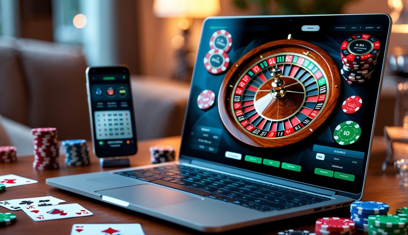 Sebuah laptop menampilkan roda roulette digital dengan chip poker dan kartu bermain di sekitarnya di atas meja.
