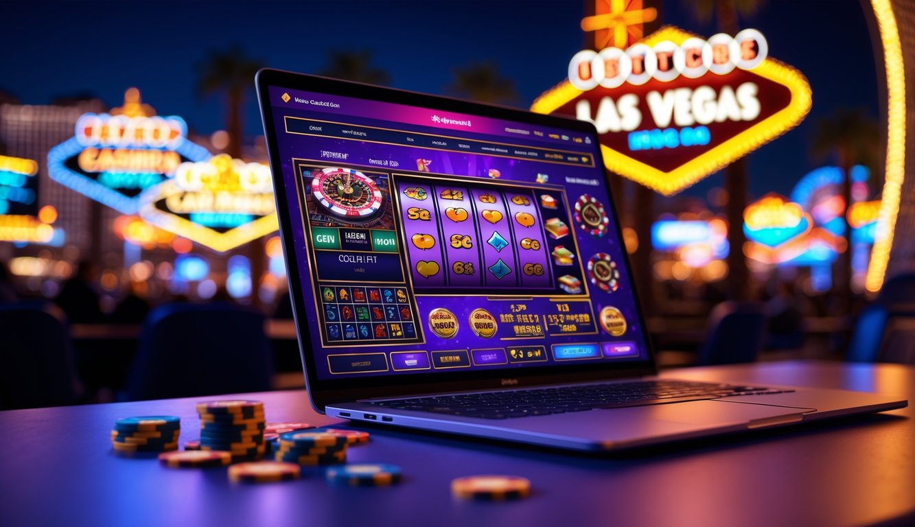 Seorang pemain menggunakan laptop dengan tampilan permainan kasino online yang penuh warna, dengan latar belakang lampu neon dan suasana kasino yang hidup.