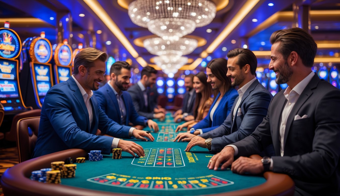 Orang-orang bermain permainan kasino di dalam ruangan kasino yang mewah dengan mesin slot dan meja permainan.