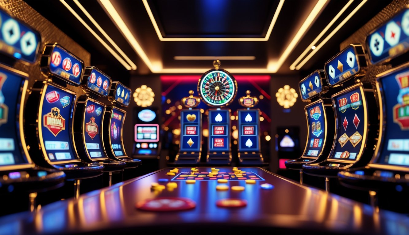 Suasana kasino online yang mewah dengan mesin slot digital, chip poker, kartu remi, dan roda roulette di layar modern dalam latar dengan pencahayaan hangat warna emas dan merah.