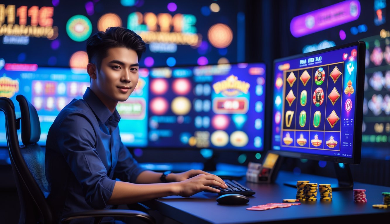 Seorang pria muda duduk di depan beberapa layar komputer yang menampilkan permainan kasino online dengan suasana modern dan lampu neon di latar belakang.