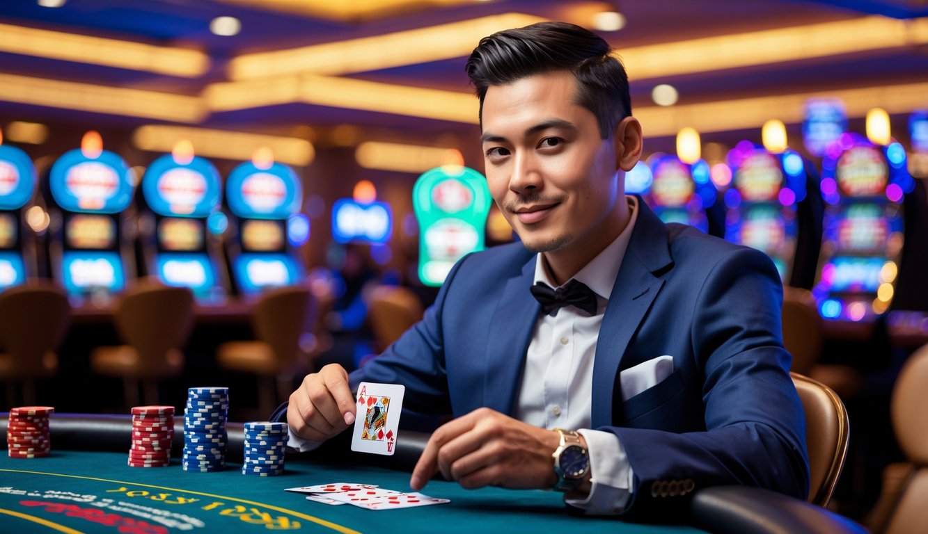 Seorang pemain poker pria mengenakan jas duduk di meja kasino dengan kartu dan chip poker di depan, suasana kasino Vegas yang hidup di latar belakang.