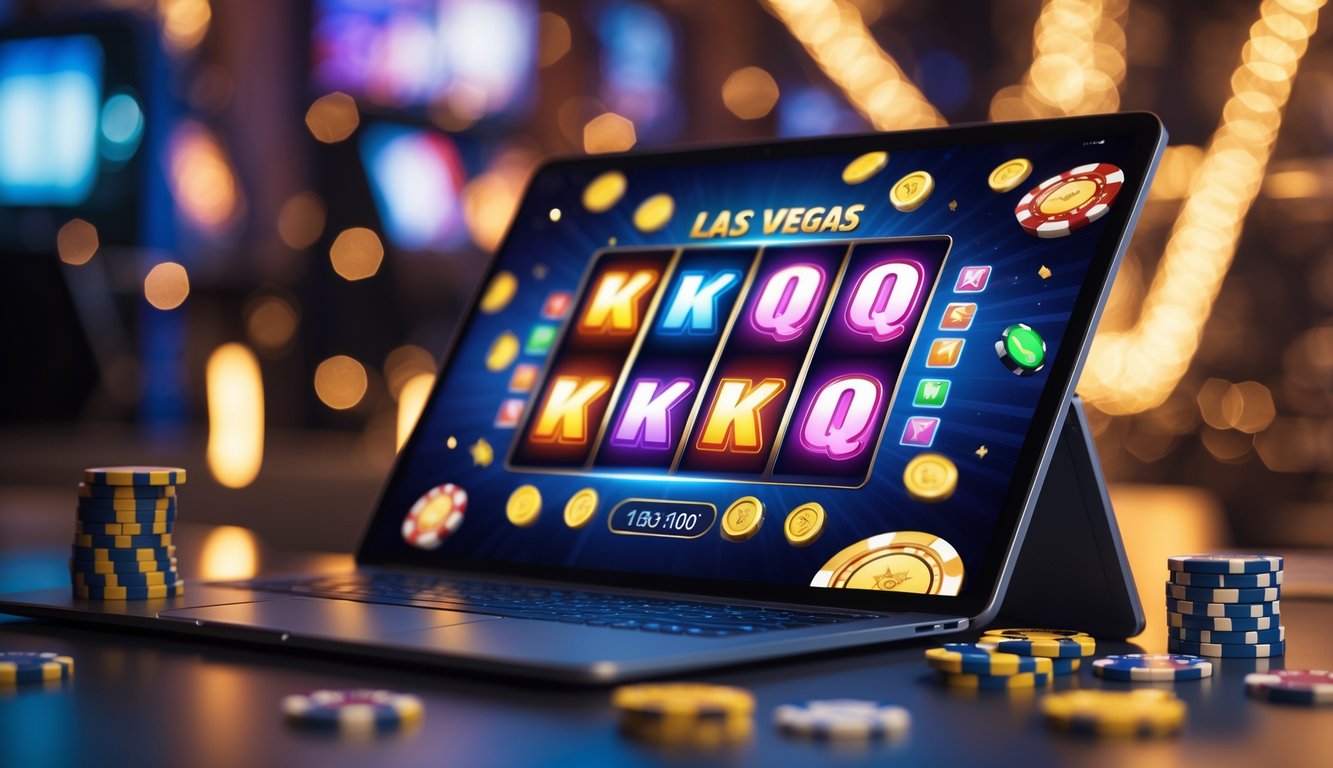 Sebuah laptop menampilkan permainan slot online dengan simbol berwarna cerah dan latar belakang suasana kasino yang mewah.