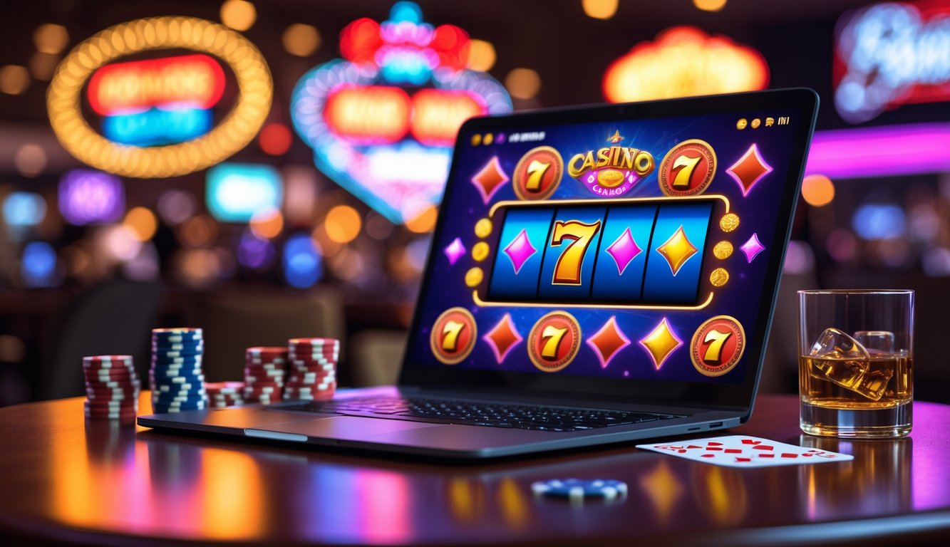 Sebuah komputer menampilkan permainan slot online dengan suasana kasino yang cerah dan penuh warna, dikelilingi oleh chip poker, kartu remi, dan dadu di atas meja kayu.